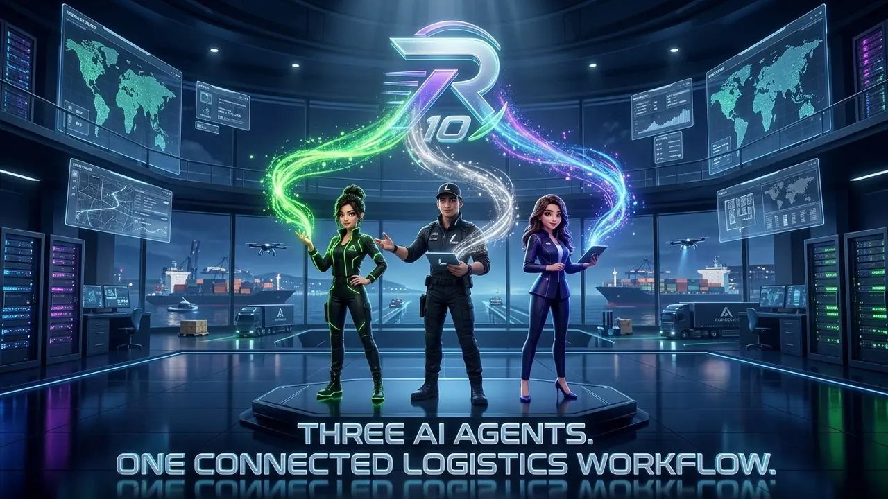 Adriana, Luis and Chloe on a platform in a port operations centre beneath the Rapid Ai 10x logo: three AI agents, one connected logistics workflow